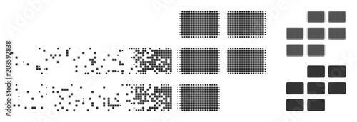 Gray vector calendar grid icon in dispersed, pixelated halftone and undamaged entire variants. Disappearing effect uses square particles. Pixels are grouped into dispersed calendar grid symbol.
