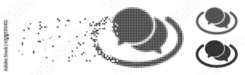 Gray vector chat icon in dispersed, pixelated halftone and undamaged entire variants. Disintegration effect involves rectangular particles. Pieces are organized into dissipated chat shape.