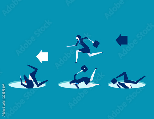 Leader avoiding pitfalls. Concept business vector business illustration. Flat character design, Trapped, Leadership, Cartoon business style.