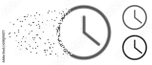 Grey vector clock icon in fractured, pixelated halftone and undamaged entire versions. Disintegration effect uses rectangular dots. Particles are arranged into dissolving clock symbol.