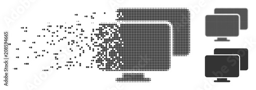 Grey vector computers icon in dispersed, dotted halftone and undamaged solid variants. Disintegration effect involves rectangular dots. Pixels are combined into dissipated computers pictogram.