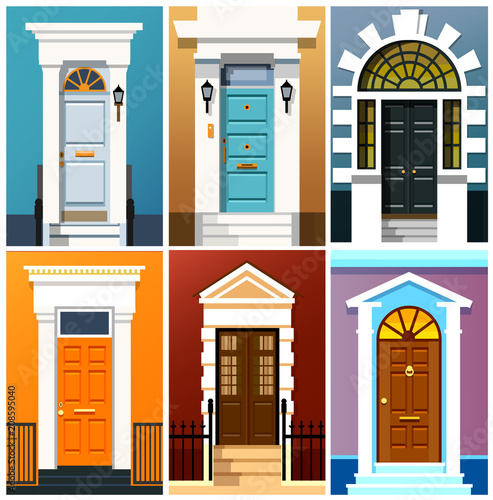 Entrance doors. A set of entrance doors. A set of entrance doors in a flat style. Set of colorful front doors for homes and buildings. Vector illustration Eps10 file