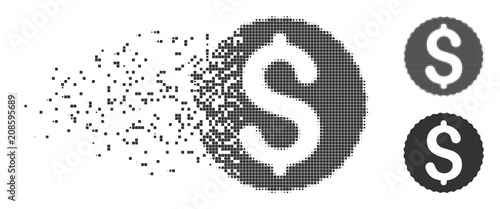 Gray vector dollar coin icon in fractured, pixelated halftone and undamaged entire variants. Disintegration effect uses square particles. Pieces are combined into dispersed dollar coin pictogram.
