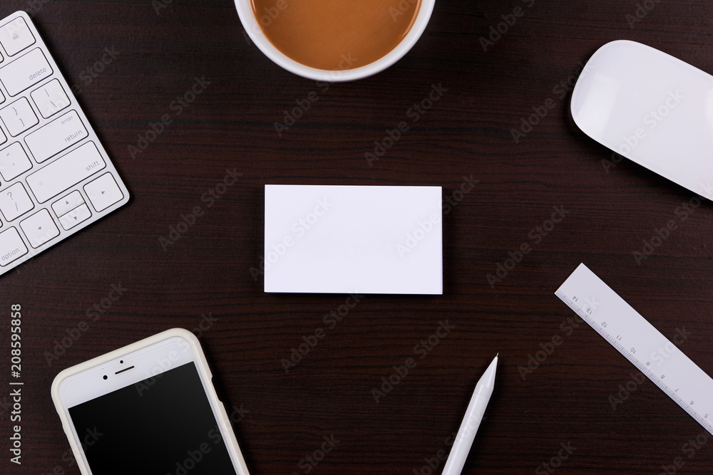 Working place, wooden table. Top view office corporate design mockup template Working place, wooden table. Top view office corporate design mockup template
