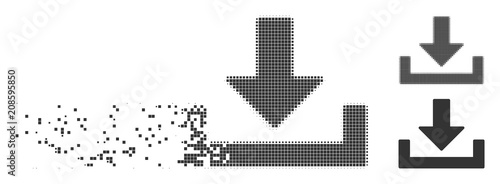 Gray vector download icon in dissolved, pixelated halftone and undamaged entire versions. Disintegration effect involves rectangular dots. Elements are combined into dissolving download symbol.