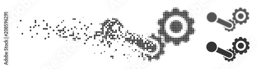 Grey vector engine icon in dissolved, pixelated halftone and undamaged whole versions. Disappearing effect uses rectangular dots. Pieces are composed into dispersed engine icon.