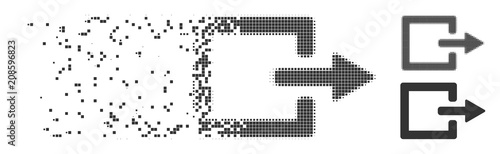 Gray vector exit icon in fractured, dotted halftone and undamaged whole variants. Disappearing effect uses square particles. Particles are arranged into dissolving exit pictogram.