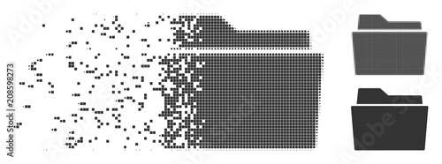 Grey vector folder icon in dissolved, pixelated halftone and undamaged whole variants. Disintegration effect involves rectangular particles. Elements are arranged into disappearing folder figure.