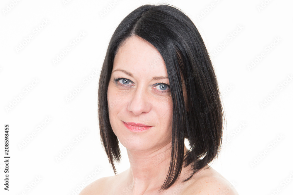 serious portrait brunette woman in white background serious portrait brunette woman in white background