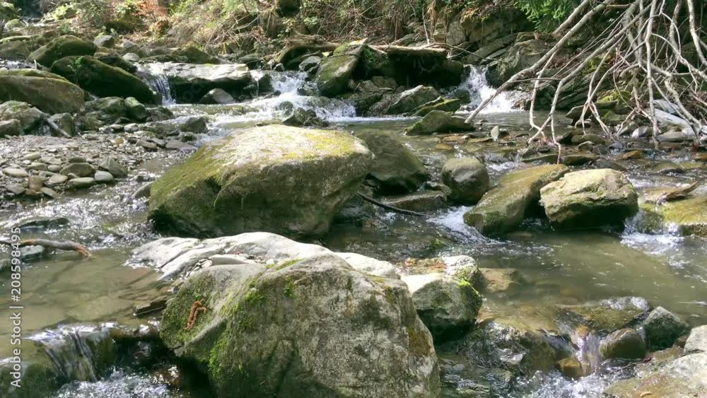 Quick mountain stream among stones. On a sunny day in summer or in spring. Close-up. Quick mountain stream among stones. On a sunny day in summer or in spring. Close-up.