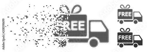 Gray vector free delivery icon in fractured, pixelated halftone and undamaged solid variants. Disappearing effect involves rectangle particles.