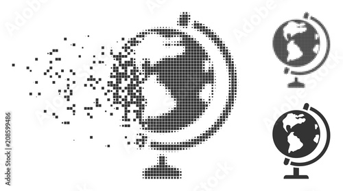 Grey vector globe icon in fractured, pixelated halftone and undamaged entire versions. Disintegration effect uses rectangular dots. Points are combined into dissipated globe figure.