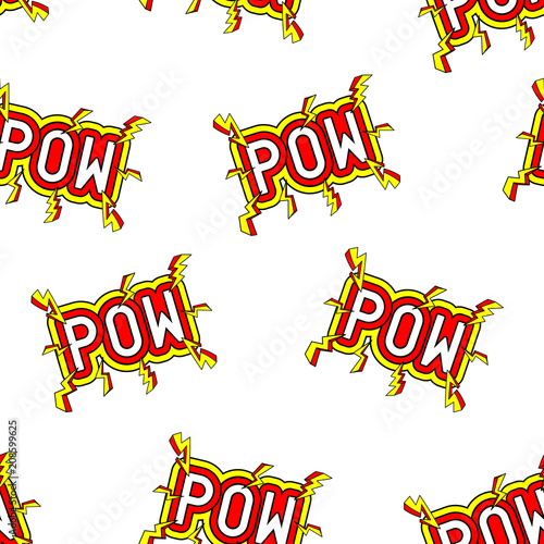 Seamless pattern with patches, stickers, badges, pins with words "POW". Modern trendy illustration. Quirky funny cartoon comic style of 80-90s. White background.