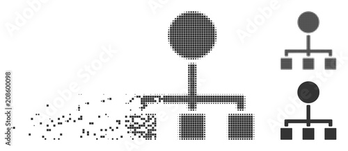 Gray vector hierarchy icon in dispersed, dotted halftone and undamaged whole variants. Disintegration effect uses rectangular dots. Cells are grouped into dissolving hierarchy pictogram.