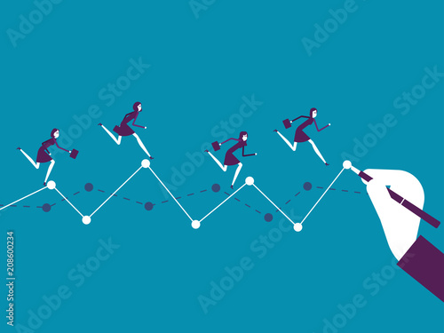 Business team running on drawn data graph. Vector illustration business concept, Graph and chart, Cartoon character.