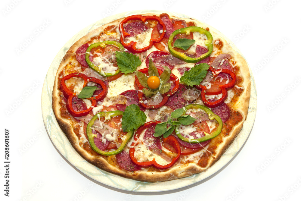 Pizza with tomatoes and bell pepper sausage and egg on a plate Pizza with tomatoes and bell pepper sausage and egg on a plate