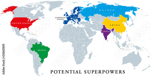 Current and potential Superpowers, political map. Current superpower United States and the potential superpowers Brazil, China, European Union, India and Russia. English labeling. Illustration. Vector