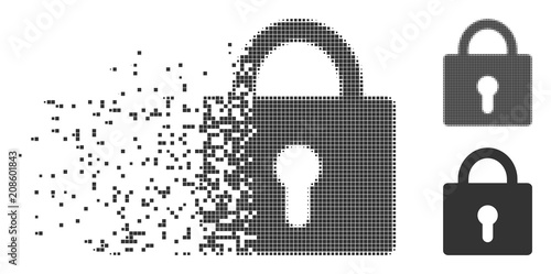 Gray vector lock icon in dispersed, dotted halftone and undamaged solid versions. Disintegration effect involves rectangular dots. Fragments are combined into dissipated lock form.