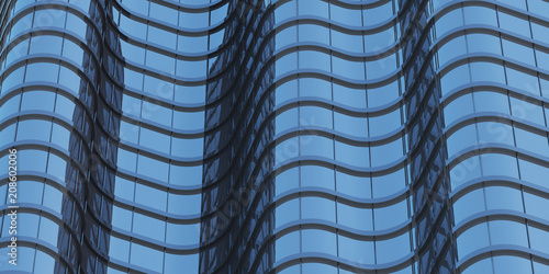 3D stimulate of high rise curve glass building and dark steel window system on blue clear sky background,Business concept of future architecture,lookup to the angle of the corner building.