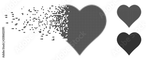 Gray vector love heart icon in fractured, dotted halftone and undamaged whole variants. Disintegration effect uses square particles. Elements are arranged into dissolving love heart icon.
