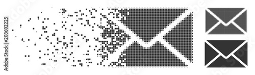 Grey vector mail envelope icon in dissolved, pixelated halftone and undamaged entire versions. Disintegration effect involves rectangular dots.