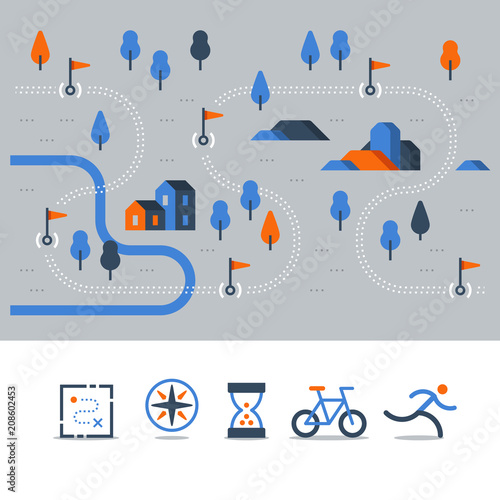 Trail map with flags, outdoor running, cycling route, countryside landscape, sport activity