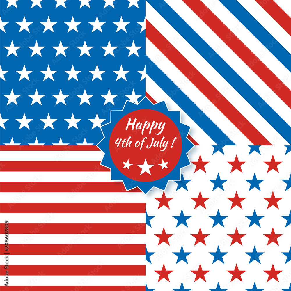 Collection of seamless patterns in national American colors - blue, red, white. American Happy Independence Day. 4th of July. Vector template set.