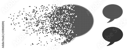 Grey vector message balloon icon in dispersed, dotted halftone and undamaged entire variants. Disintegration effect involves rectangular dots.