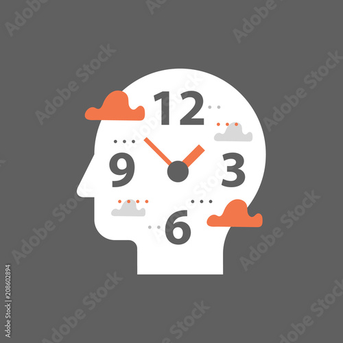 Time management, procrastination concept, work hours and deadline, clock face and head, day planning