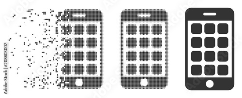 Grey vector mobile apps icon in dispersed, dotted halftone and undamaged solid variants. Disappearing effect involves rectangle particles. Cells are combined into dissipated mobile apps form.