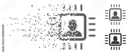 Gray vector neuro processor icon in fractured, dotted halftone and undamaged entire variants. Disintegration effect uses rectangular particles.