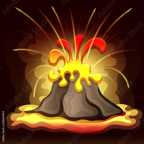 Vector illustration of prehistoric landscape with volcano eruption, lava and smoky sky