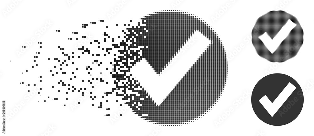 Grey vector OK icon in fractured, dotted halftone and undamaged solid variants. Disintegration effect involves square dots. Particles are arranged into disappearing OK shape.