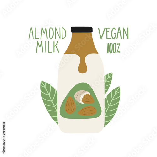 Almond milk in a cartoon bottle. Vegan milk. Packaging. Vector hand drawn illustration.