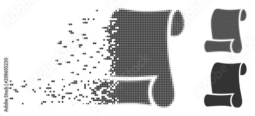 Grey vector paper roll icon in fractured, pixelated halftone and undamaged entire variants. Disintegration effect involves square particles. Pixels are organized into dissipated paper roll shape.