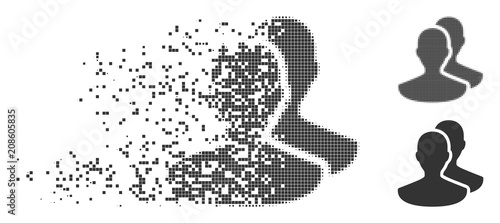 Gray vector persons icon in dispersed, dotted halftone and undamaged entire variants. Disappearing effect uses square dots. Particles are grouped into disappearing persons symbol.