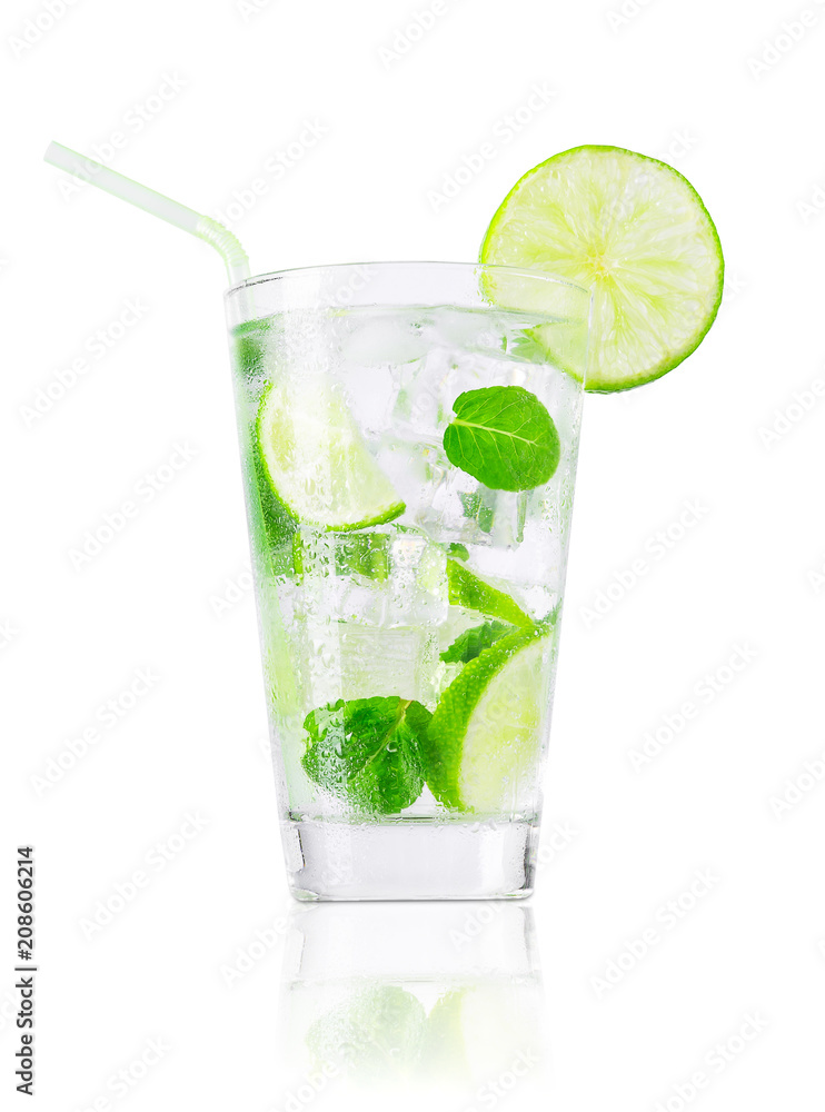 glass of cold lemonade with straw isolated on white