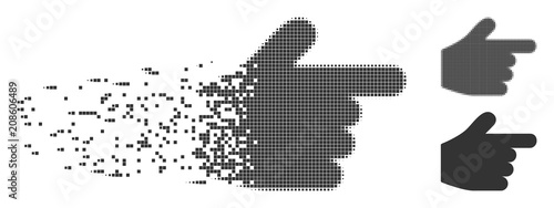 Grey vector pointer finger icon in dispersed, dotted halftone and undamaged whole variants. Disintegration effect uses rectangle dots. Points are arranged into disappearing pointer finger form. photo