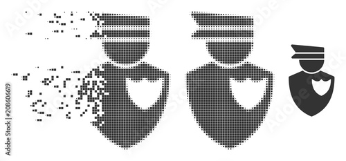 Grey vector policeman icon in dissolved, pixelated halftone and undamaged whole versions. Disintegration effect uses rectangular dots. Cells are organized into dispersed policeman symbol.