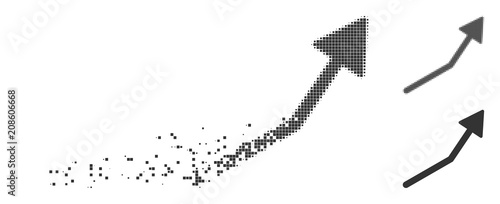 Grey vector positive trend arrow icon in dispersed, pixelated halftone and undamaged solid variants. Disintegration effect uses rectangular dots.