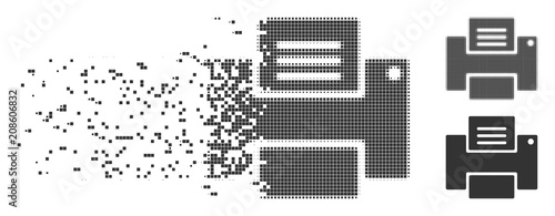 Gray vector printer icon in dissolved, dotted halftone and undamaged whole versions. Disappearing effect involves rectangular dots. Pieces are combined into dispersed printer symbol.