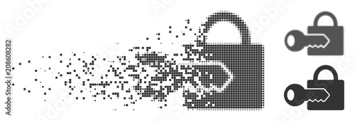 Gray vector registration key icon in dispersed, pixelated halftone and undamaged entire variants. Disappearing effect involves rectangular particles.
