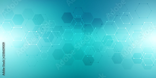 Hexagons design for medical, science and digital technology. Geometric abstract background with molecular structure and chemical compounds.