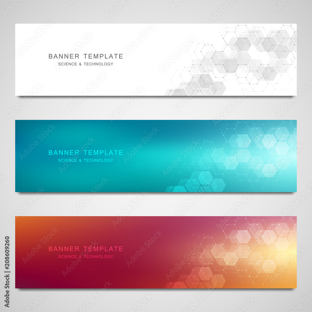 Science, medical and digital technology header or banners. Geometric abstract background with hexagons design. Molecular structure and communication vector illustration. Science, medical and digital technology header or banners. Geometric abstract background with hexagons design. Molecular structure and communication vector illustration.