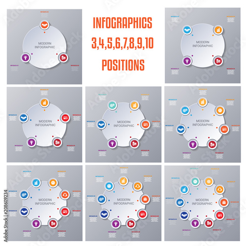 Set 8 templates, Colorful Modern Infographics for business conceptual cyclic processes on  3, 4, 5, 6, 7, 8, 9, 10 positions