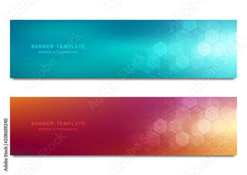 Science, medical and digital technology header or banners. Geometric abstract background with hexagons design. Molecular structure and communication vector illustration.