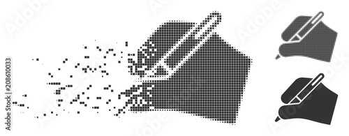 Gray vector signature hand icon in dissolved, dotted halftone and undamaged whole variants. Disappearing effect uses rectangular particles. Fragments are composed into dissolving signature hand form.