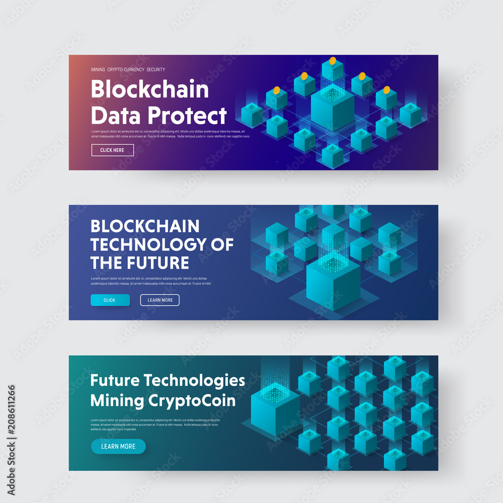 Set of horizontal web banners with isometric illustration of a blockchaine system.