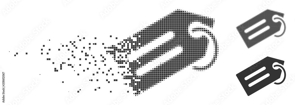 Gray vector tag icon in dispersed, pixelated halftone and undamaged whole variants. Disintegration effect involves rectangular particles. Pixels are organized into dissolving tag pictogram.