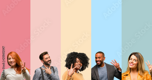 Cool group of people, woman and man raising finger, is the number three